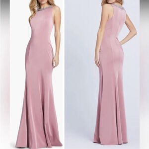 Ieena Mac Duggal 49093 Pink Embellished Crystal Neck Trumpet Long Maxi Gown Sz 6